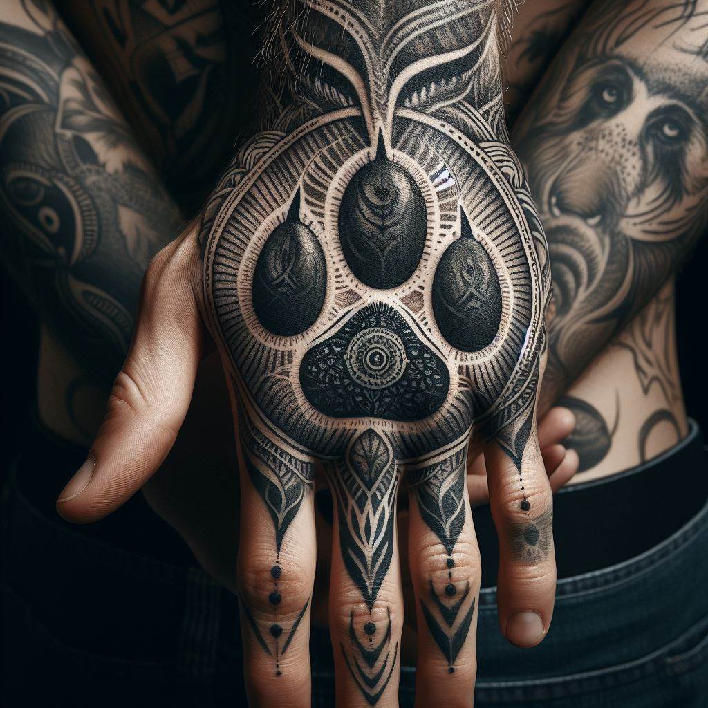 A man's back of the hand tattoo featuring a detailed animal paw print, symbolizing a connection to nature or a specific animal spirit guide, placed prominently for constant visibility.