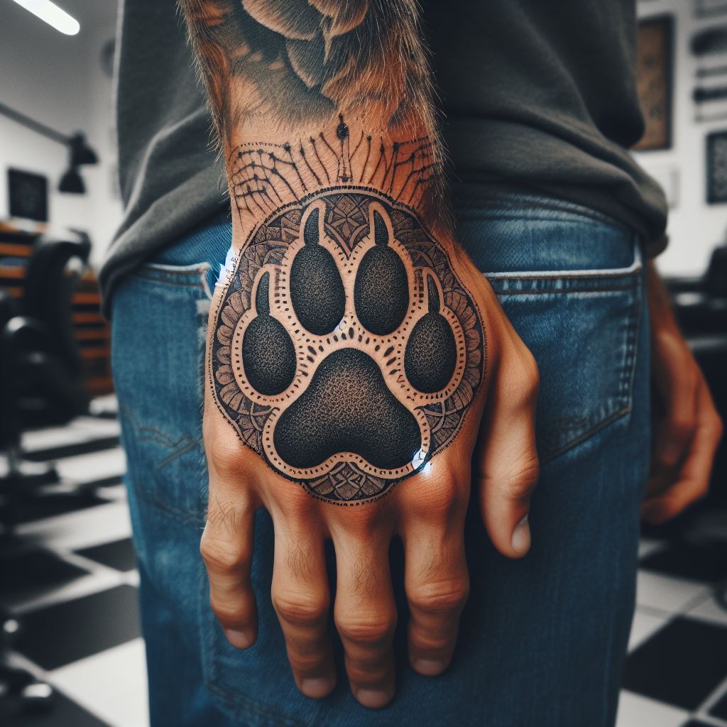 A man's back of the hand tattoo featuring a detailed animal paw print, symbolizing a connection to nature or a specific animal spirit guide, placed prominently for constant visibility.