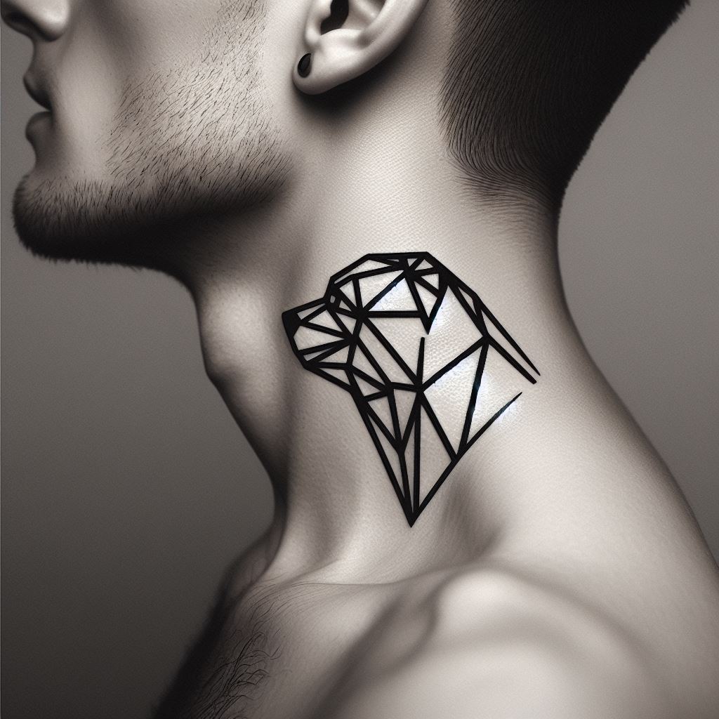 A tattoo placed at the side of the man's neck, depicting a minimalist geometric bear head. The design uses clean, sharp lines to form the abstract silhouette of a bear, symbolizing strength in simplicity. This tattoo is both bold and discreet, making a statement without overwhelming, perfectly suited for the neck.