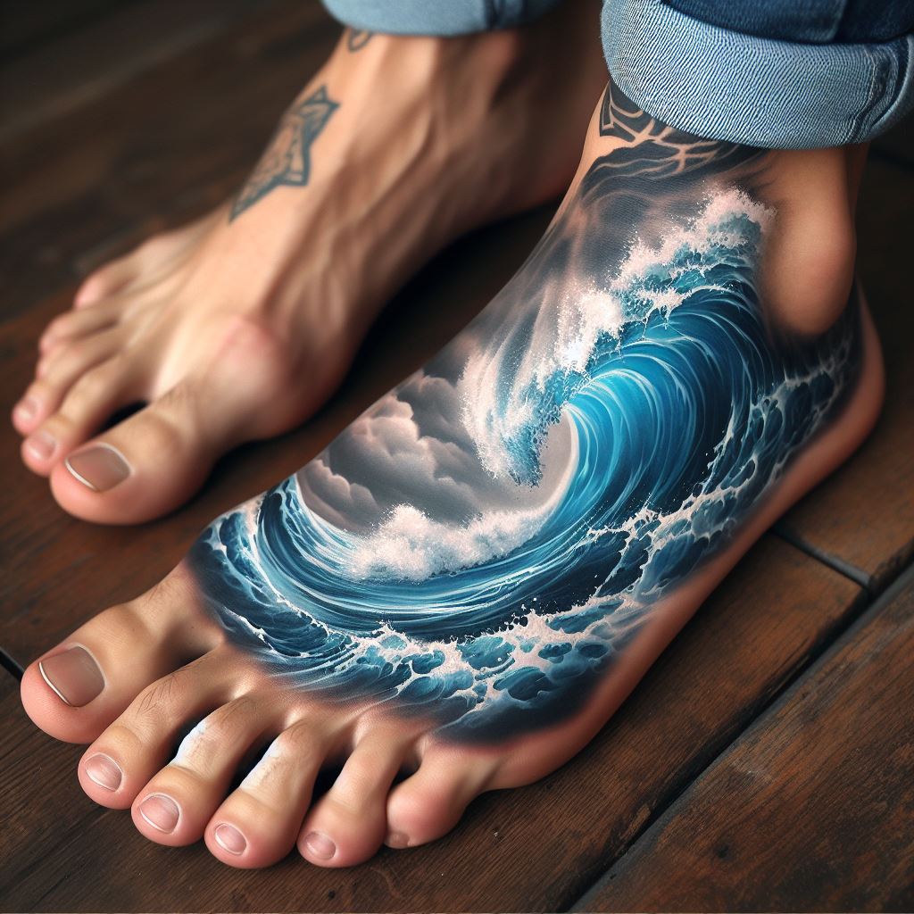 A foot tattoo showcasing a wave or ocean scene, capturing the fluidity and power of water, with shades of blue and white creating a realistic effect that wraps around a man's foot.