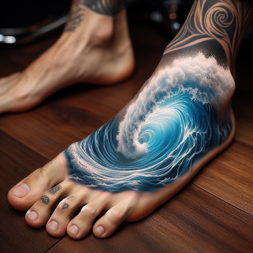 A foot tattoo showcasing a wave or ocean scene, capturing the fluidity and power of water, with shades of blue and white creating a realistic effect that wraps around a man's foot.