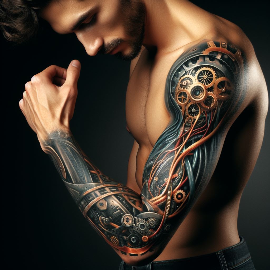 A man's inner elbow tattoo with a biomechanical design, revealing gears, wires, and mechanical parts beneath the skin, symbolizing the intersection of human and machine, artfully contoured to the elbow's shape.