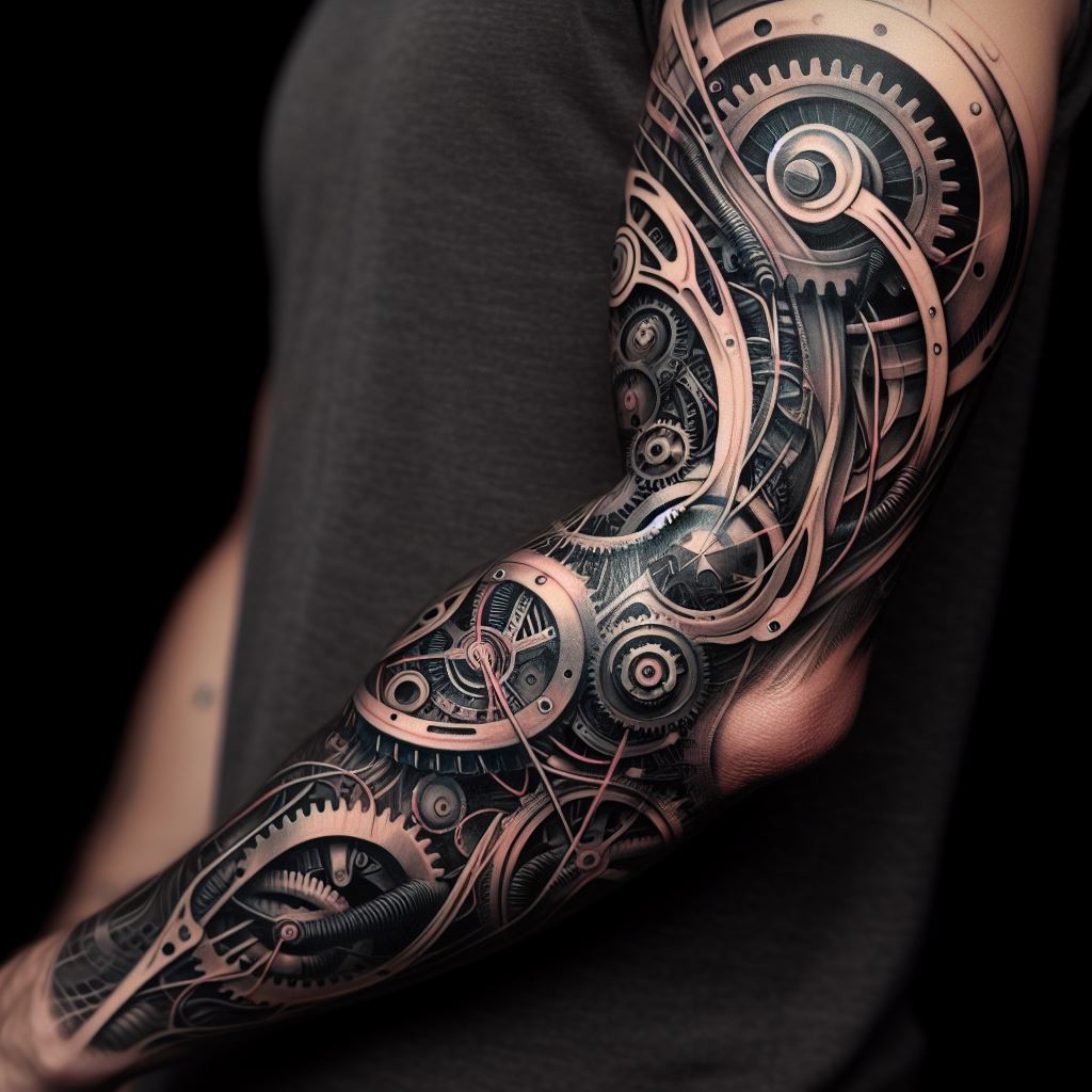 A man's inner elbow tattoo with a biomechanical design, revealing gears, wires, and mechanical parts beneath the skin, symbolizing the intersection of human and machine, artfully contoured to the elbow's shape.