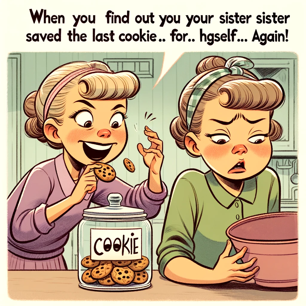 A humorous image of two sisters sharing a moment of playful rivalry. One sister is sneakily eating the last cookie from the cookie jar, while the other sister looks on with a mock-outraged expression. The caption reads, "When you find out your sister saved the last cookie for herself... Again!" The scene is set in a cozy kitchen, with the cookie jar on a counter and both sisters in casual home attire. The style should be cartoonish and lighthearted, capturing the fun and mischief of sibling relationships.