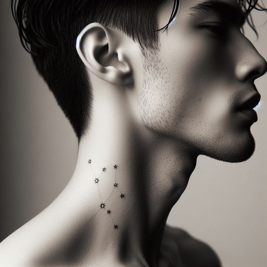 A neck tattoo, just below a man's hairline, of a small constellation or series of stars, representing guidance, mystery, or personal significance related to the cosmos, placed subtly for occasional visibility.