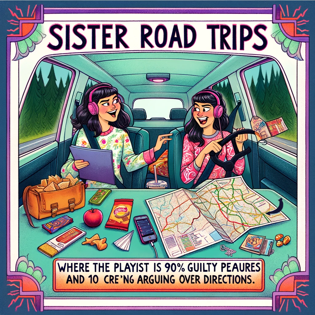 An illustration depicting two sisters on a road trip, with the younger sister controlling the music playlist and the elder sister rolling her eyes but secretly enjoying it. The caption reads, "Sister road trips: where the playlist is 90% guilty pleasures and 10% arguing over directions." The scene is inside a car, with maps and travel snacks scattered around, showcasing the chaos and fun of traveling together. The art style should be vibrant and dynamic, reflecting the energy of a memorable journey.