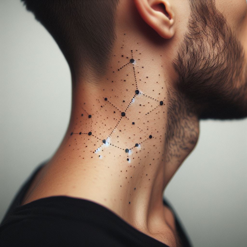 A neck tattoo, just below a man's hairline, of a small constellation or series of stars, representing guidance, mystery, or personal significance related to the cosmos, placed subtly for occasional visibility.