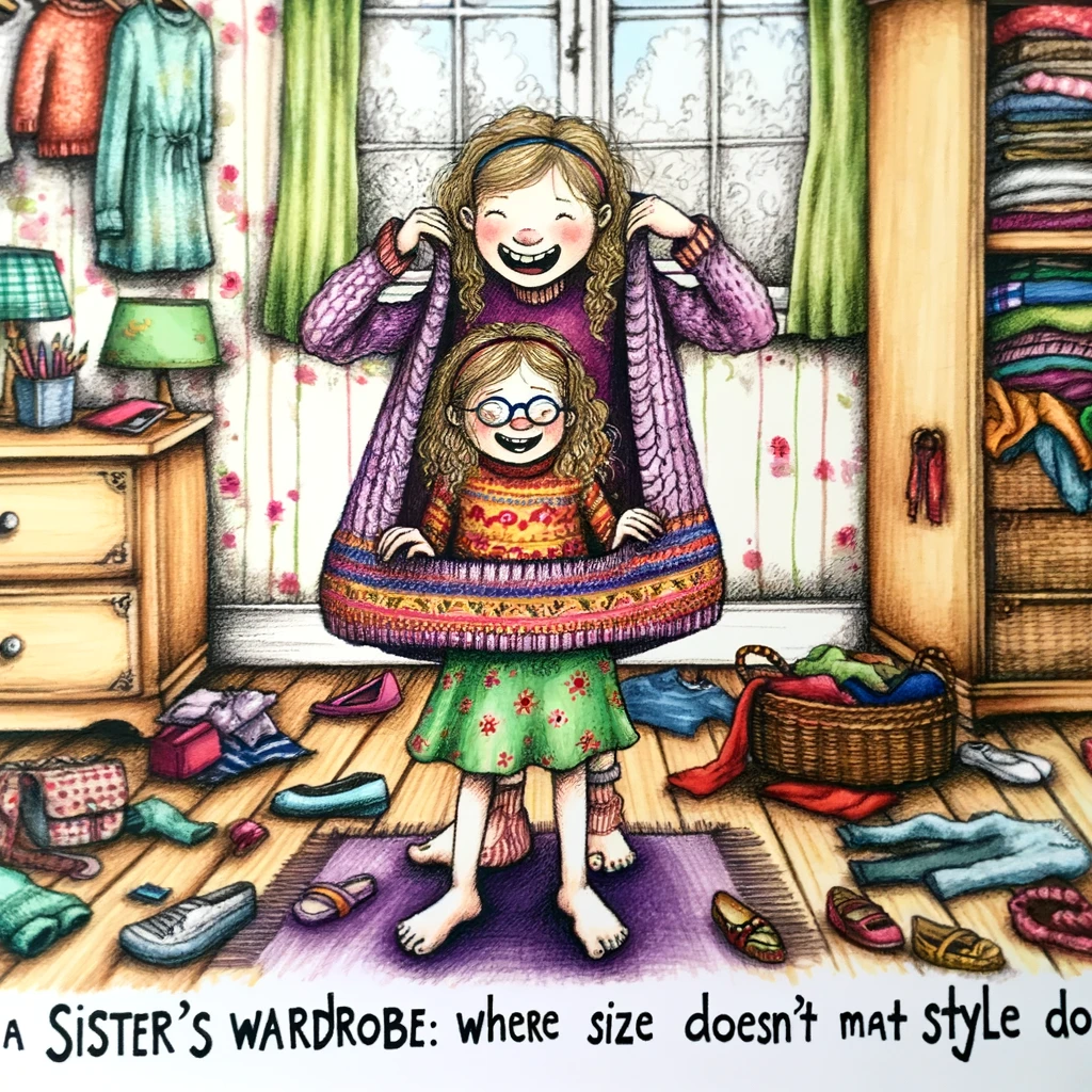 A whimsical drawing of two sisters trying on each other's clothes, with a chaotic bedroom in the background. The older sister is squeezed into a younger sister's dress, looking comically uncomfortable, while the younger sister is drowning in an oversized sweater. The caption reads, "Sister's wardrobe: where size doesn't matter but style does." The image captures the fun and silliness of siblings experimenting with fashion, with clothes scattered all around, and both sisters laughing together. The art style should be playful and colorful, highlighting the joyful mess.