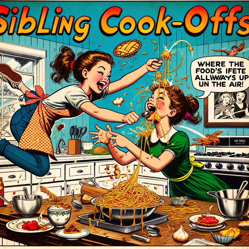 A comic-style illustration showing two sisters in a kitchen, engaging in a playful food fight. The younger sister is launching a spoonful of spaghetti at the older sister, who is armed with a pie. The caption reads, "Sibling cook-offs: where the food's fate is always up in the air." The scene is filled with laughter, flying food, and a mess that suggests a deep bond through shared mischief. The image should capture the dynamic action and joy of the moment, with an expressive, cartoonish style that emphasizes the fun of sibling rivalry.