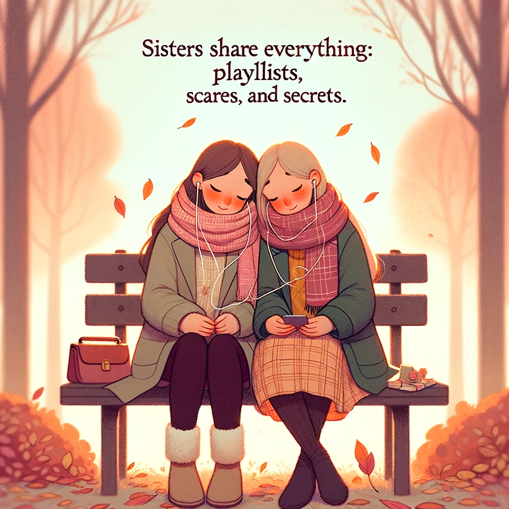 An endearing image of two sisters sitting on a park bench, wrapped in a single large scarf, sharing a pair of earbuds and enjoying the same music. The caption reads, "Sisters share everything: playlists, scarves, and secrets." The setting is a serene autumn park with leaves falling around them, symbolizing warmth and closeness. The art style should be soft and warm, capturing the intimate moment between the sisters with a focus on their peaceful expressions and the cozy atmosphere.
