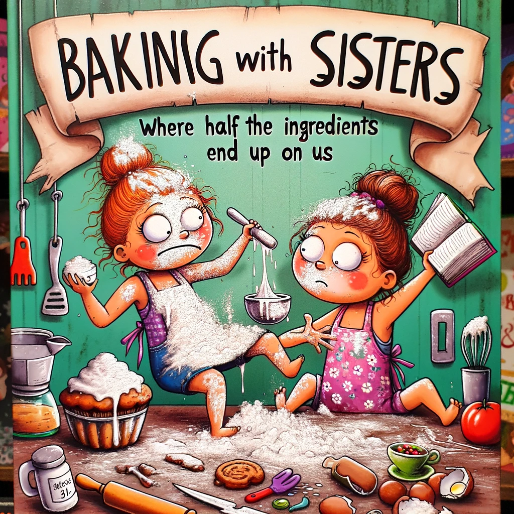A playful illustration of two sisters attempting to bake together, with one sister covered in flour and the other holding a recipe book upside down. The caption reads, "Baking with sisters: where half the ingredients end up on us." The kitchen scene is chaotic, with baking utensils and ingredients scattered everywhere, highlighting the humorous mishaps of cooking with loved ones. The image should be filled with vibrant colors and comedic elements, emphasizing the fun and disorderly adventure of sibling baking.