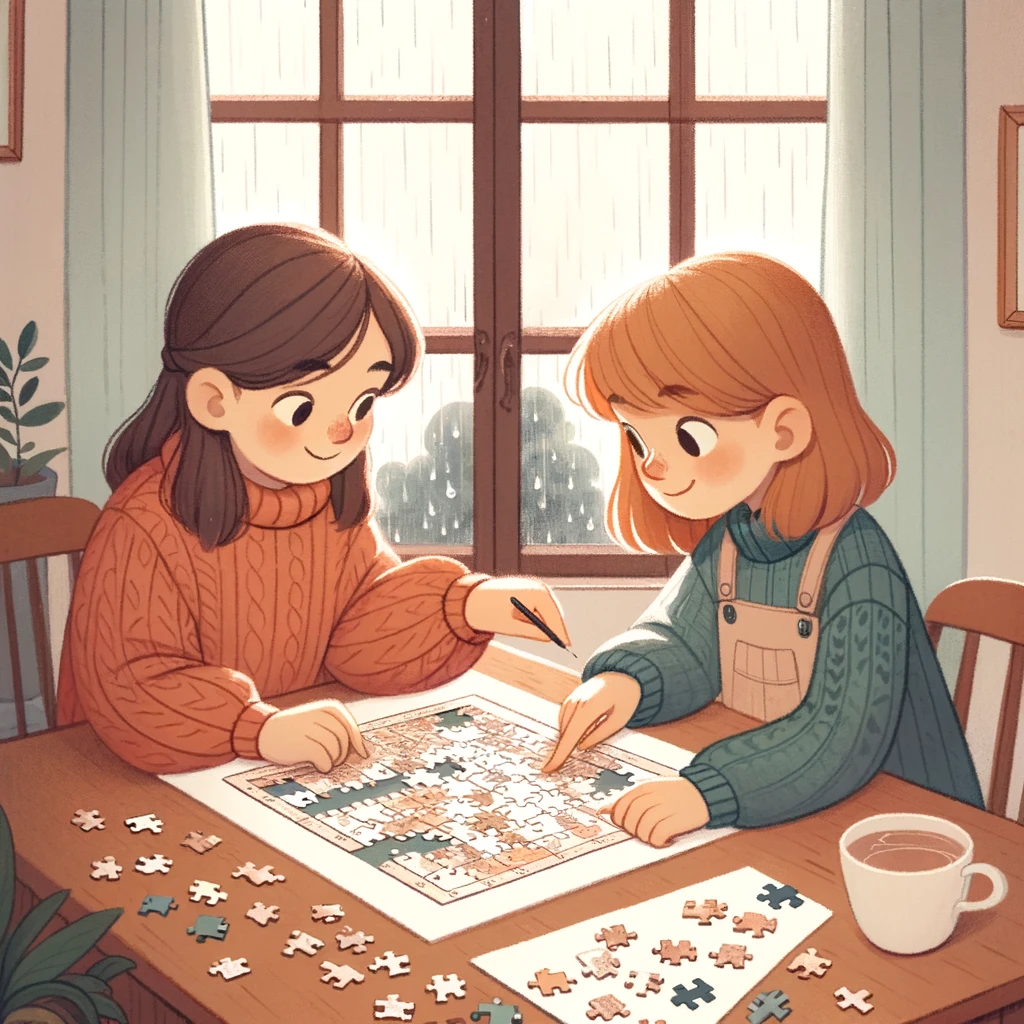 A heartwarming image of two sisters doing a puzzle together on a rainy day, with the younger sister pointing out where a piece goes and the older sister looking impressed. The caption reads, "Sister bonding moments: solving puzzles and life's mysteries together." The room is cozy, with a window showing rain outside, a warm drink on the table, and a half-completed puzzle between them. The style should be tender and inviting, emphasizing the closeness and shared concentration on a common task.