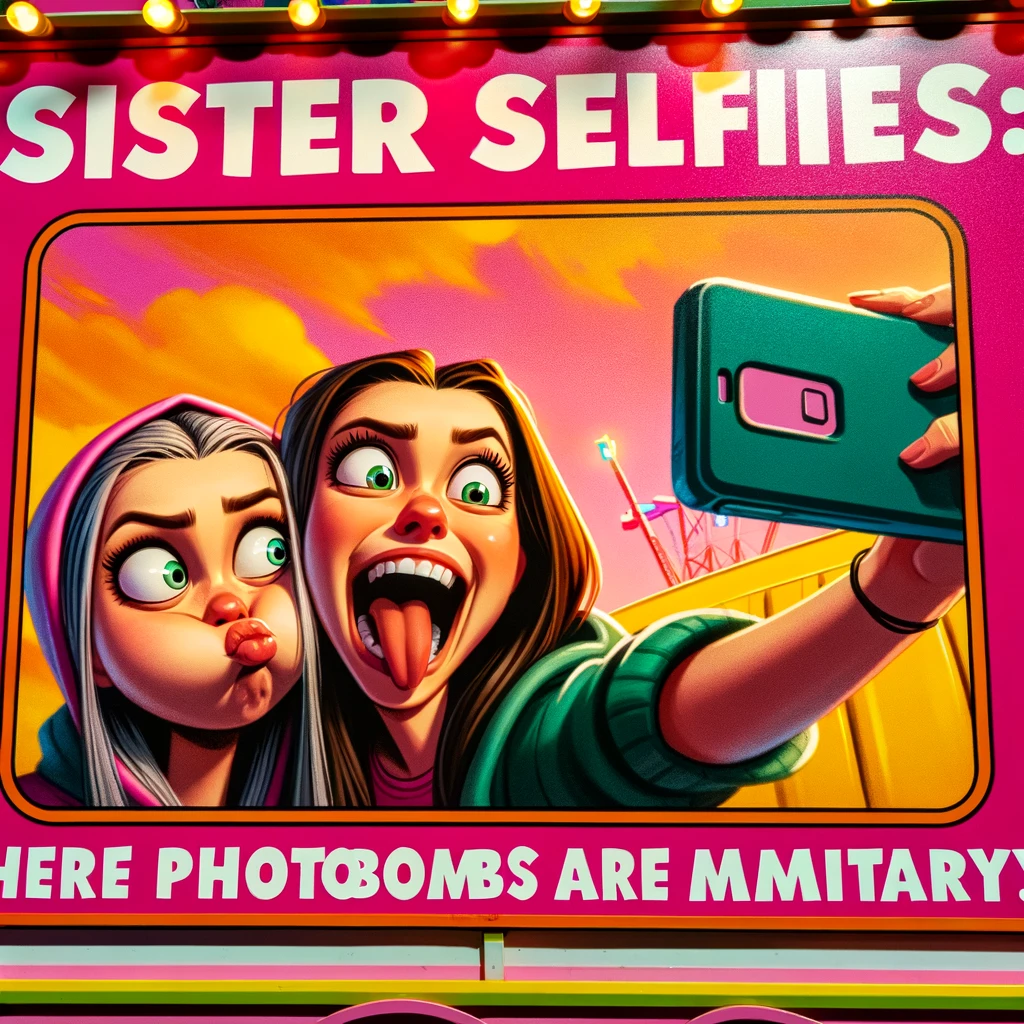 A funny scene of two sisters taking a selfie, with one making a silly face and the other trying to look serious but failing to hold back laughter. The caption reads, "Sister selfies: where photobombs are mandatory." The background is vibrant, indicating they are at a fun outdoor location, like a festival or amusement park. The image should capture the spontaneity and joy of sisters spending time together, with details that suggest they are having the time of their lives.