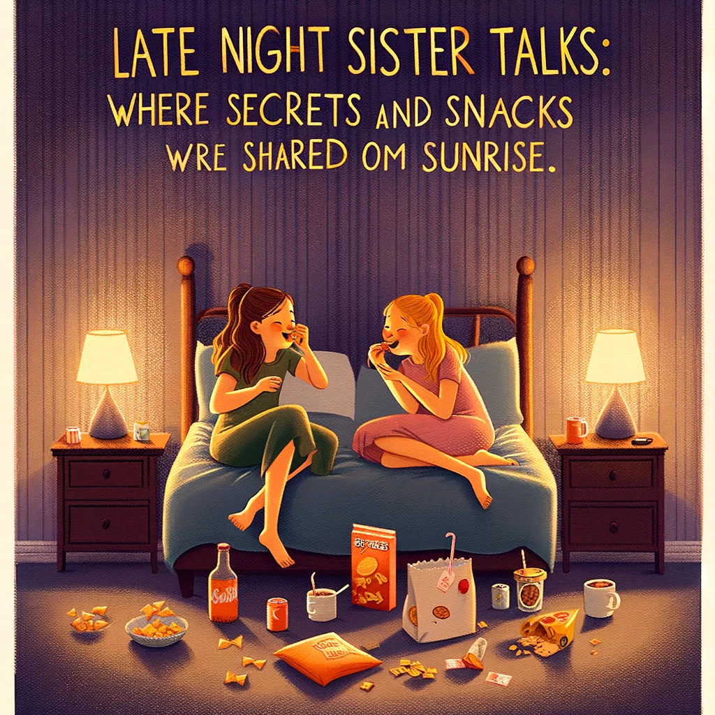 A lighthearted illustration of two sisters having a late-night chat in a bedroom, one sprawled on the bed while the other sits cross-legged with snacks scattered around. The caption reads, "Late night sister talks: where secrets and snacks are shared until sunrise." The room is dimly lit by a bedside lamp, creating a cozy and intimate atmosphere. The scene captures the essence of sisterhood, where deep conversations blend with laughter and comfort food. The art style should be warm and inviting, highlighting the bond between the sisters.