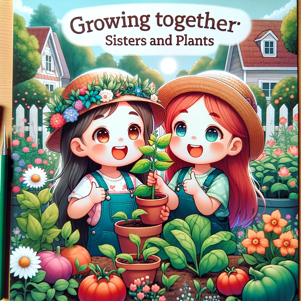An adorable depiction of two sisters gardening together, with the younger one excitedly holding up a small plant, and the older sister giving a thumbs up. The caption reads, "Growing together: Sisters and plants." The garden is full of colorful flowers and vegetables, showcasing a sunny day spent nurturing nature. The image should be vibrant and full of life, reflecting the joy and teamwork involved in gardening. The art style should be detailed and colorful, capturing the beauty of the garden and the shared happiness of the sisters.
