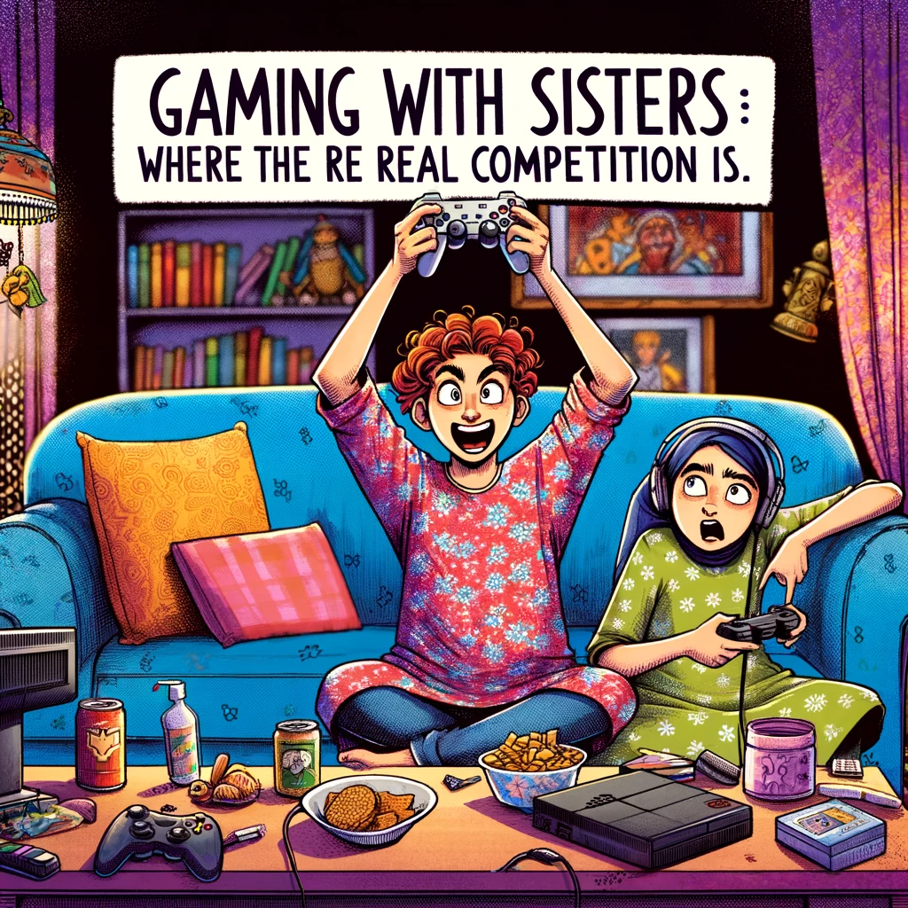 A humorous scene of two sisters playing video games together, with the younger sister triumphantly holding a controller above her head while the older sister looks on in disbelief. The caption reads, "Gaming with sisters: where the real competition is." The living room is cluttered with gaming paraphernalia, snacks, and cushions, highlighting the intensity and fun of their gaming session. The art style should be vibrant and expressive, capturing the excitement and competitive spirit between the sisters.