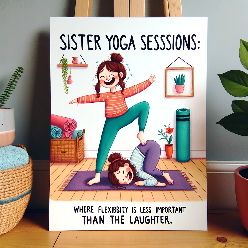 A comical illustration of two sisters trying to do yoga together, with one in a tangled pose and the other trying to follow along but falling over. The caption reads, "Sister yoga sessions: where flexibility is less important than the laughter." The setting is a peaceful home studio with yoga mats, plants, and calming colors, but the sisters' poses introduce a playful chaos. The art style should be light-hearted and fun, capturing the joy and humor of attempting wellness activities together.