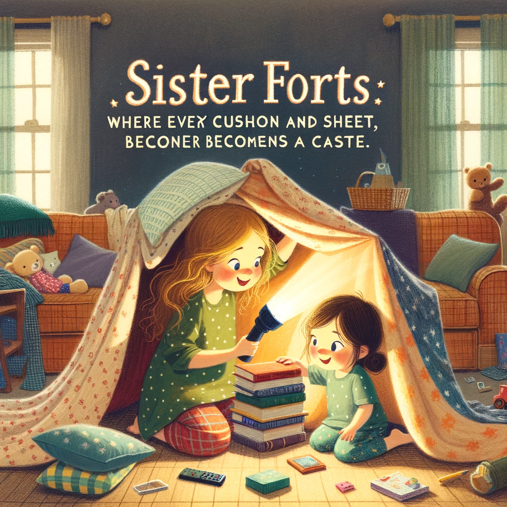 A playful image of two sisters building a fort out of blankets and pillows in the living room. The younger sister is inside the fort with a flashlight and a stack of books, while the older sister is adding another blanket to the structure. The caption reads, "Sister forts: where every cushion and sheet becomes a castle." The room is filled with scattered toys and books, highlighting the creativity and adventure of their play. The art style should be warm and inviting, capturing the magic of childhood imagination and the bond between sisters.