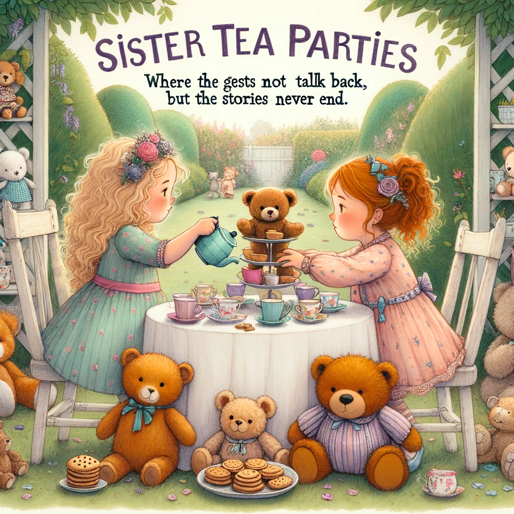 A charming illustration of two sisters having a tea party with stuffed animals as their guests. The younger sister is pouring tea from a teapot into cups, while the older sister is holding a conversation with a teddy bear. The caption reads, "Sister tea parties: where the guests may not talk back, but the stories never end." The setting is a garden or backyard, with a small table set up with tea cups, plates of cookies, and surrounded by various stuffed animals. The art style should be whimsical and detailed, highlighting the innocence and creativity of playing pretend.