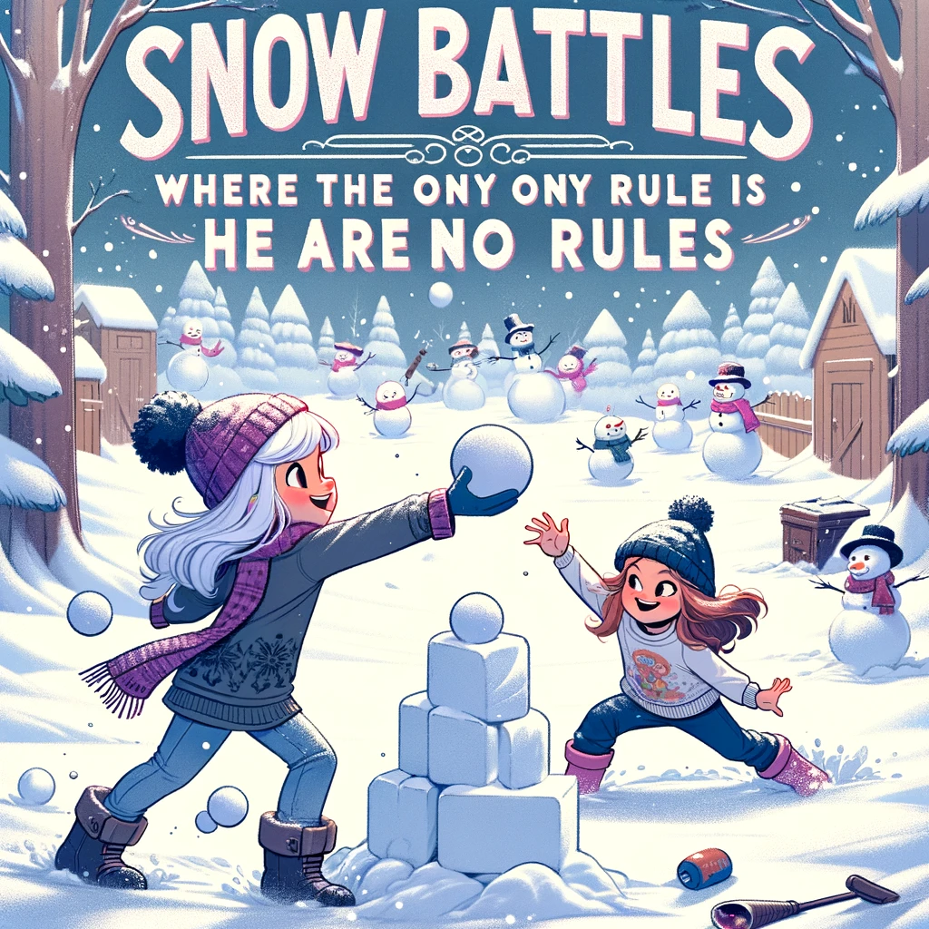 An animated scene of two sisters having a snowball fight, with the younger sister about to throw a snowball and the older sister taking cover behind a snow fort. The caption reads, "Sister snow battles: where the only rule is there are no rules." The snowy landscape is dotted with snowmen and trees, adding to the playful and wintery atmosphere. The art style should be lively and dynamic, capturing the motion and excitement of the snowball fight, showcasing the joy and competitiveness of sibling play in the snow.