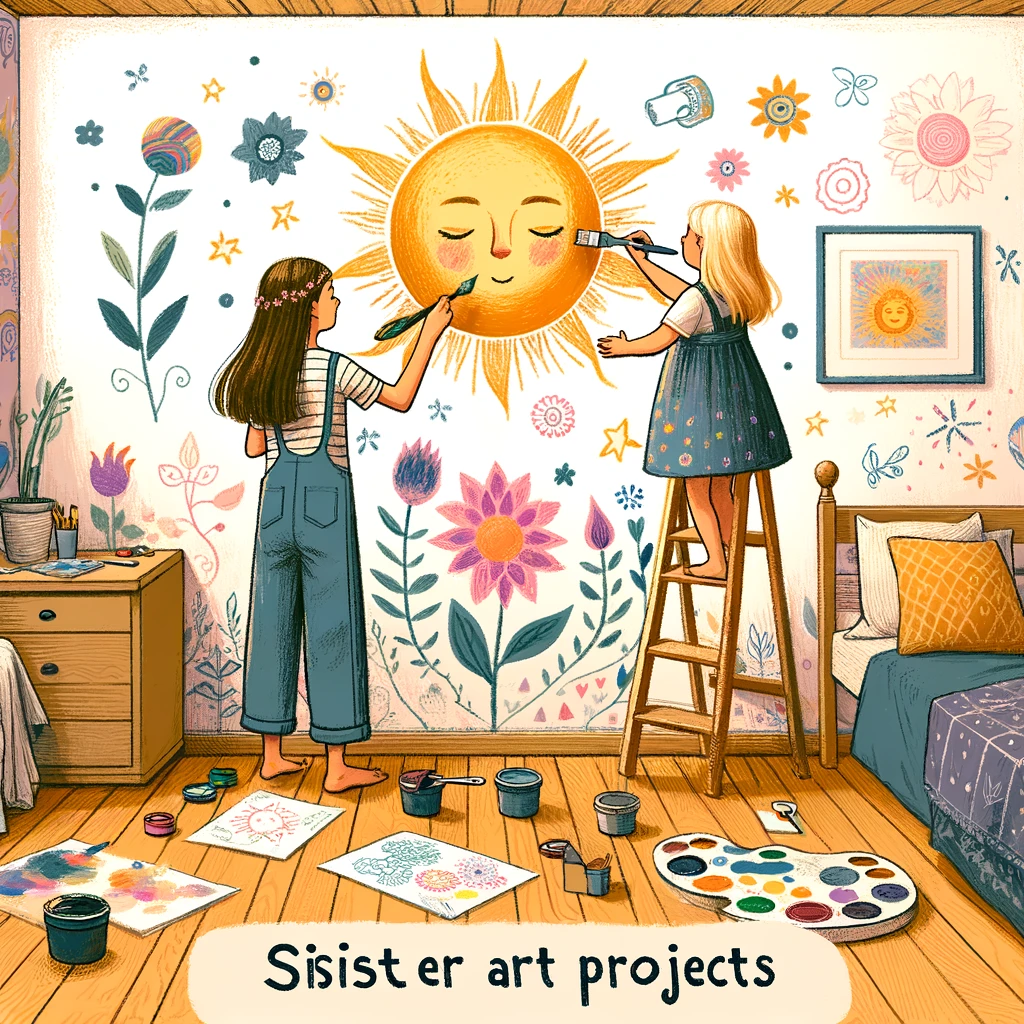 A delightful image of two sisters painting a mural together on their bedroom wall, with the younger sister painting a sun and the older sister adding flowers. The caption reads, "Sister art projects: where the walls become our canvas." The room is filled with paint supplies, sketches, and a ladder, showing the creative process and collaboration. The art style should be colorful and expressive, capturing the creativity and bond shared by the sisters as they bring their artistic vision to life.