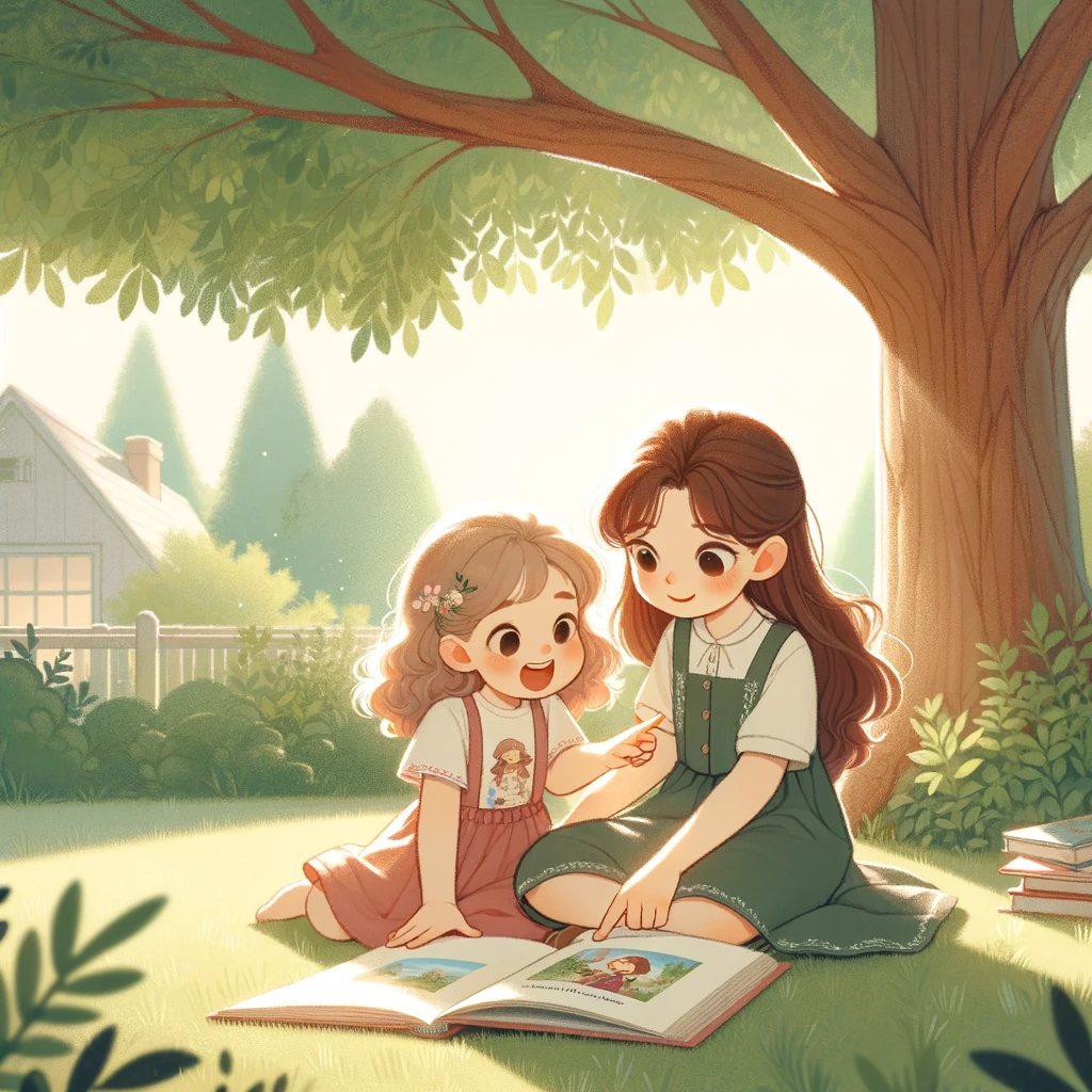 A heartwarming scene of two sisters reading a book together under a big tree in their backyard. The younger sister is pointing at a picture in the book, while the older sister reads aloud. The caption reads, "Sister story time: where every tale takes us on a new adventure." The setting is peaceful and sunny, with the tree providing shade and a sense of tranquility. The art style should be soft and serene, emphasizing the calm and educational moment shared between the sisters, surrounded by nature.
