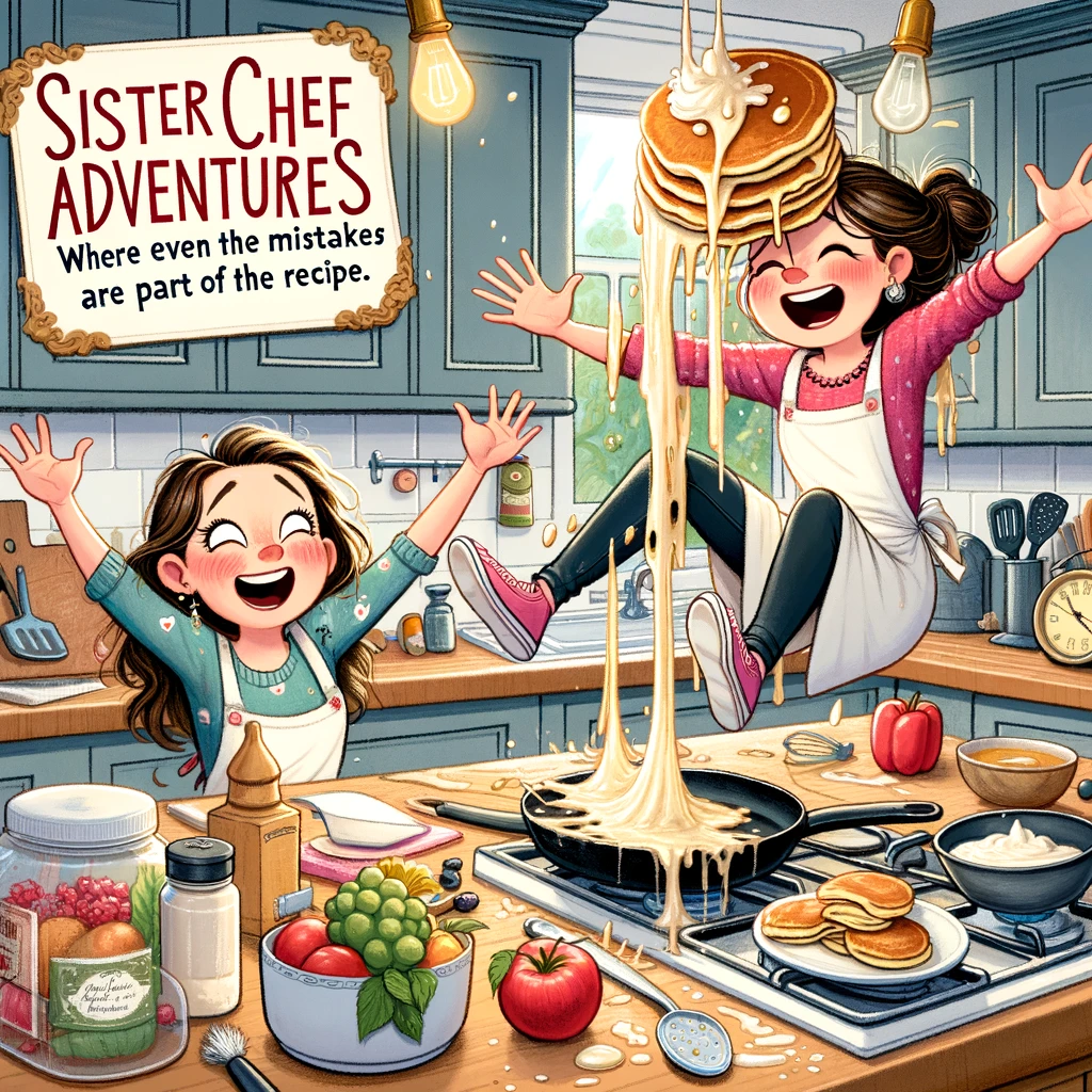 A humorous illustration of two sisters trying to cook a fancy dinner together, with one sister accidentally flipping a pancake onto the ceiling and the other sister bursting into laughter. The caption reads, "Sister chef adventures: where even the mistakes are part of the recipe." The kitchen is a mess, with ingredients and cooking utensils everywhere, showcasing the fun and chaotic attempt at culinary mastery. The art style should be lively and amusing, capturing the laughter and lightheartedness of cooking mishaps.