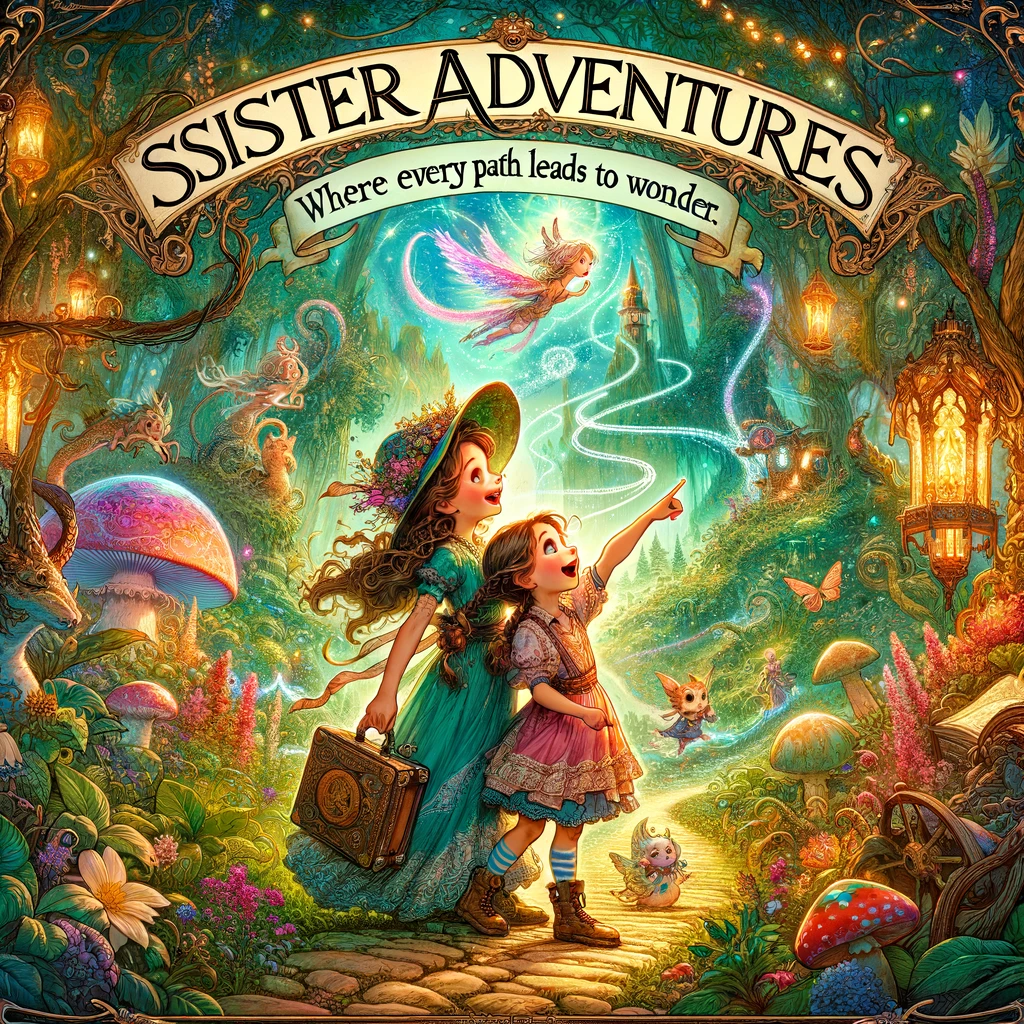 An imaginative depiction of two sisters exploring a fantasy forest, with the younger sister pointing excitedly at a magical creature in the distance and the older sister holding a map. The caption reads, "Sister adventures: where every path leads to wonder." The forest is filled with vibrant flora, fantastical creatures, and mystical lights, capturing the essence of adventure and exploration. The art style should be enchanting and detailed, emphasizing the magical and exploratory nature of their journey together.
