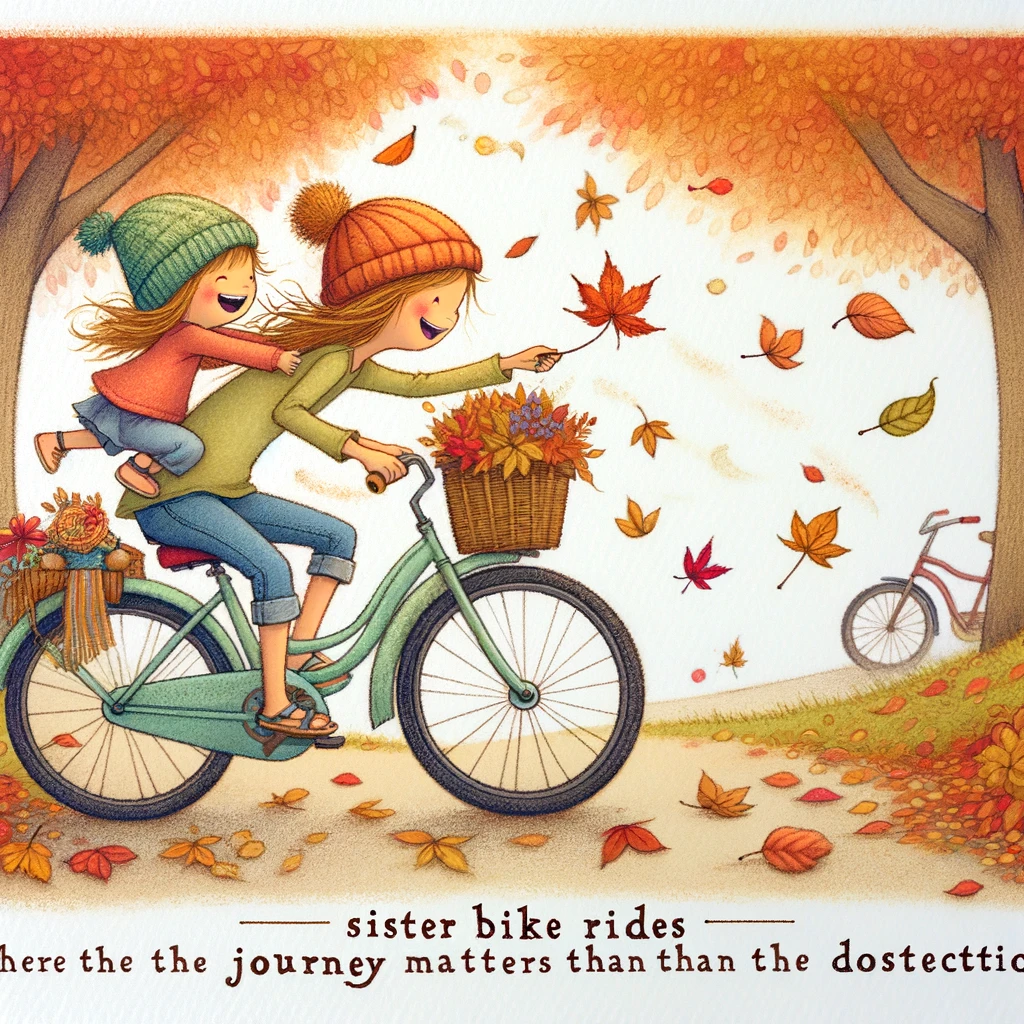 A whimsical drawing of two sisters riding bicycles through a park in autumn, with leaves falling around them. The younger sister is trying to catch leaves while riding, and the older sister is laughing at her attempts. The caption reads, "Sister bike rides: where the journey matters more than the destination." The scene captures the beauty of the season and the joy of simple moments shared. The art style should be vibrant and full of movement, emphasizing the playful and carefree spirit of their adventure.