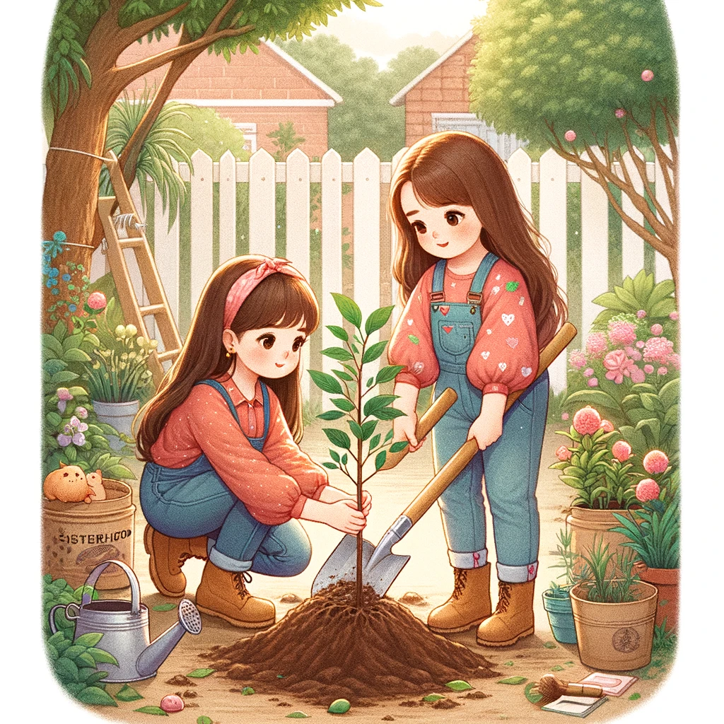 A heartwarming illustration of two sisters planting a tree together in their backyard, symbolizing growth and togetherness. The younger sister is digging a hole, and the older sister is holding the sapling ready to plant. The caption reads, "Sisterhood and tree planting: growing stronger together." The scene is set in a lush garden, with other plants and flowers around, showing their care for the environment. The art style should be detailed and nurturing, capturing the importance of teamwork and the bond between the sisters.