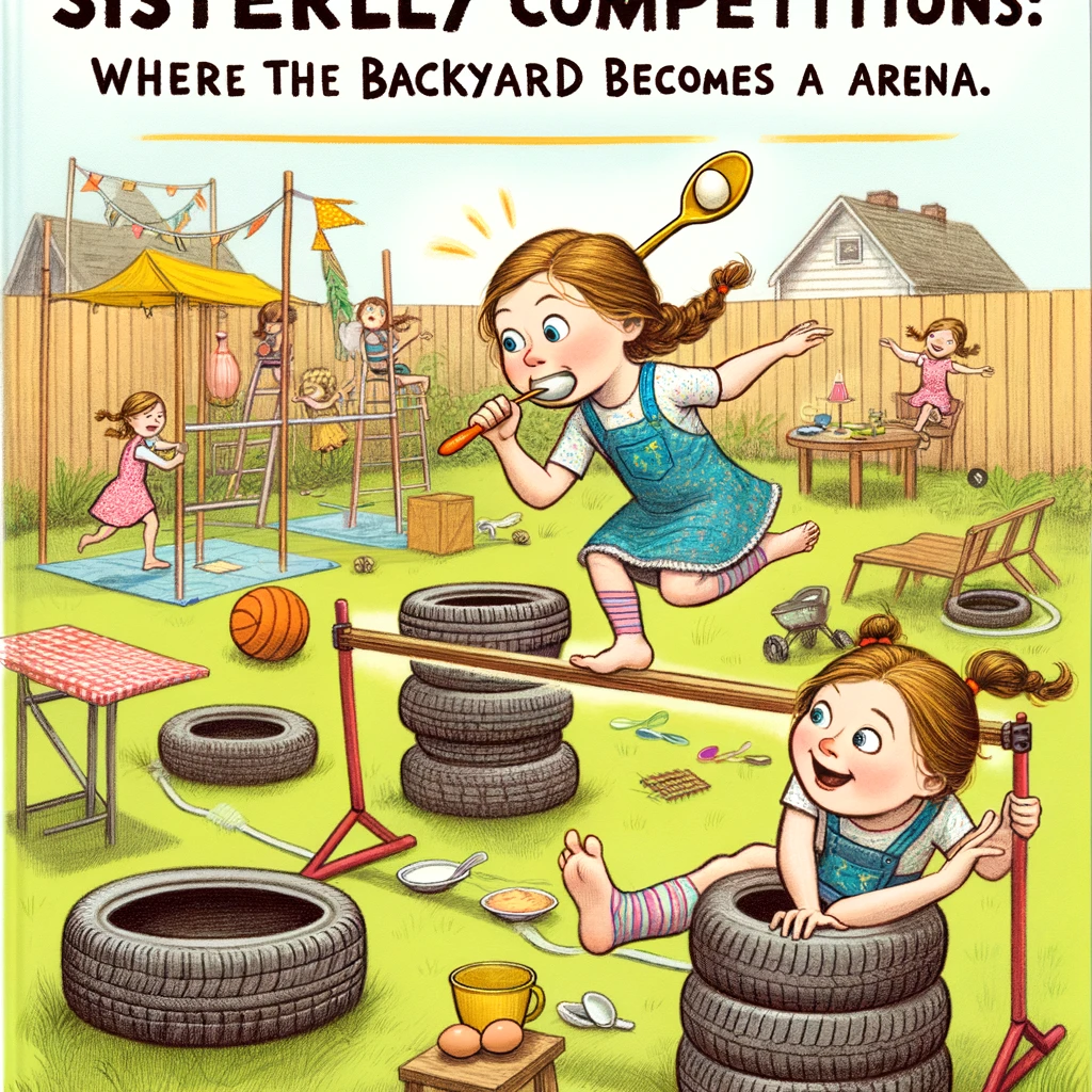 An amusing illustration of two sisters competing in a homemade obstacle course in their backyard. The younger sister is navigating through tires with determination, while the older sister is trying to balance on a beam with a spoon in her mouth holding an egg. The caption reads, "Sisterly competitions: where the backyard becomes an arena." The scene is lively, with various makeshift challenges set up, showcasing their creativity and competitive spirit. The art style should be playful and energetic, highlighting the fun and excitement of their friendly rivalry.