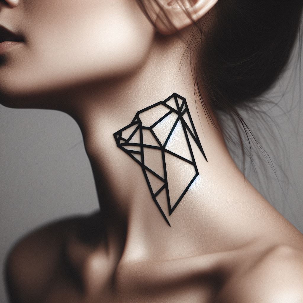 A tattoo placed at the side of the neck, depicting a minimalist geometric bear head. The design uses clean, sharp lines to form the abstract silhouette of a bear, symbolizing strength in simplicity. This tattoo is both bold and discreet, making a statement without overwhelming, perfectly suited for the neck.
