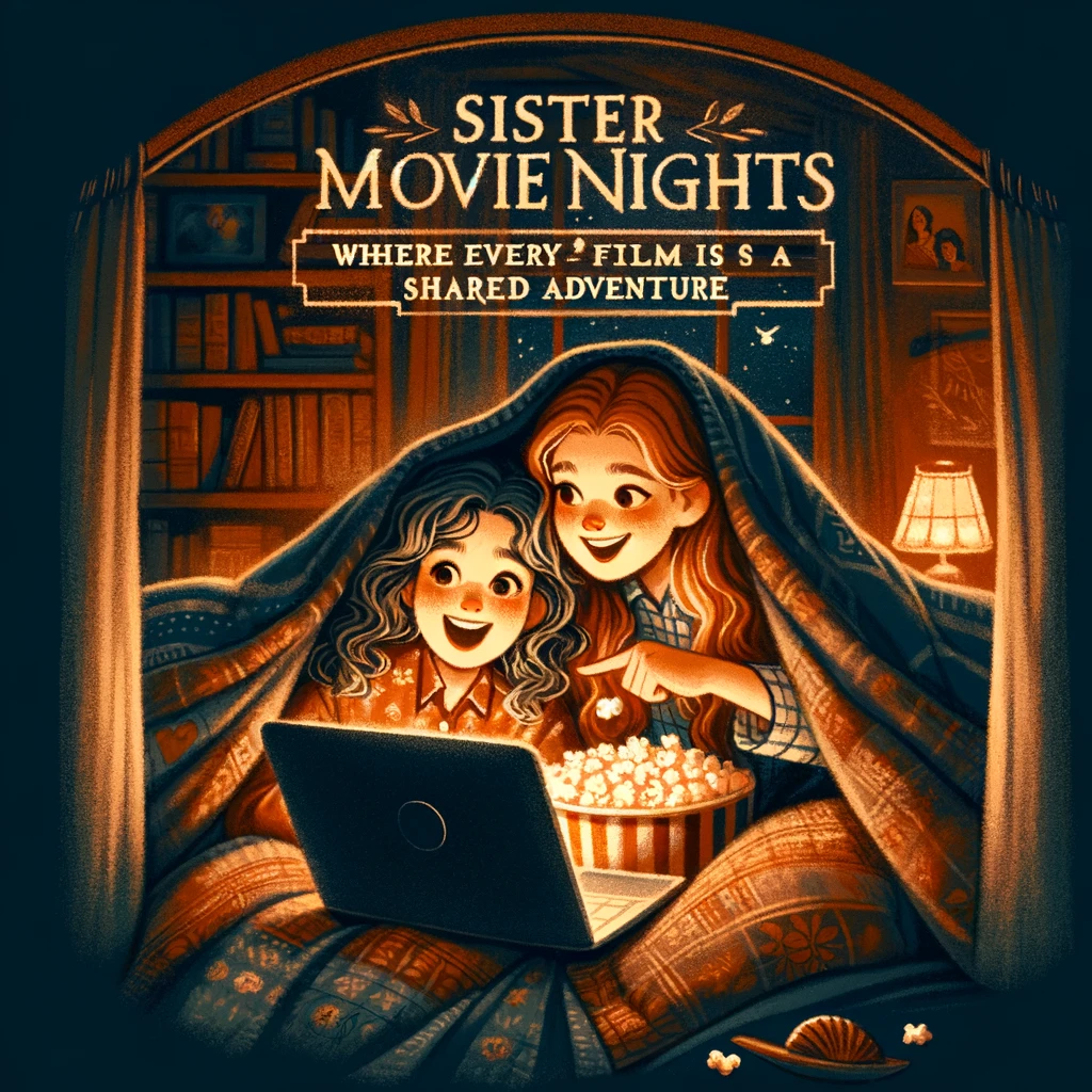 A cozy illustration of two sisters wrapped in a blanket, watching a movie on a laptop with a bowl of popcorn between them. The younger sister is pointing at the screen with excitement, while the older sister has a look of anticipation. The caption reads, "Sister movie nights: where every film is a shared adventure." The setting is a dimly lit room, creating a snug and intimate atmosphere for their movie marathon. The art style should be warm and inviting, emphasizing the comfort and bonding over their favorite movies.