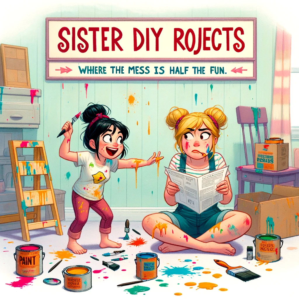 A humorous depiction of two sisters attempting a DIY home project, with paint cans, brushes, and a half-painted wall in front of them. The younger sister is covered in paint splatters, looking mischievously at the older sister, who is consulting the instructions with a puzzled expression. The caption reads, "Sister DIY projects: where the mess is half the fun." The scene is chaotic but filled with laughter and teamwork, showcasing the adventurous spirit of taking on home improvement tasks together. The art style should be lively and colorful, capturing the energy and humor of their DIY endeavor.