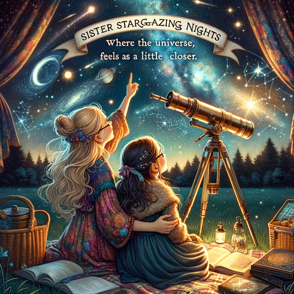 A captivating scene of two sisters stargazing in a field, with one sister pointing towards the sky and the other looking through a telescope. The caption reads, "Sister stargazing nights: where the universe feels a little closer." The night sky is ablaze with stars, galaxies, and constellations, reflecting their wonder and curiosity. The setting is serene and magical, with a blanket and a picnic basket nearby, enhancing the peaceful and educational aspect of their adventure. The art style should be enchanting and detailed, capturing the beauty of the night sky and the bond between the sisters as they explore the cosmos together.