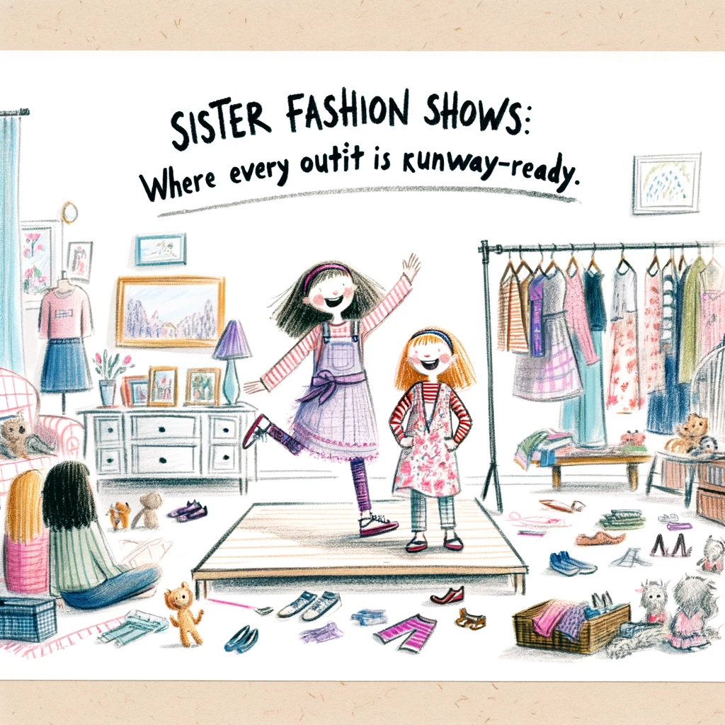 A playful sketch of two sisters having a fashion show at home, with one sister strutting down an improvised runway in the living room, and the other sister acting as the judge, scoring her outfit. The caption reads, "Sister fashion shows: where every outfit is runway-ready." The scene is lively, with clothes scattered around, and an audience of stuffed animals and pets. The art style should be fun and whimsical, capturing the creativity and joy of expressing themselves through fashion, showcasing the supportive and entertaining aspects of sisterhood.