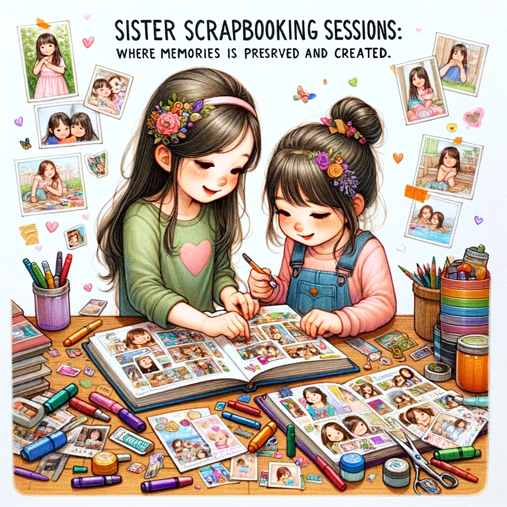 A heartwarming drawing of two sisters making a scrapbook together, filled with photos, drawings, and mementos. The younger sister is gluing a photo into the book, while the older sister is decorating a page with stickers and colorful pens. The caption reads, "Sister scrapbooking sessions: where memories are preserved and created." The table is cluttered with scrapbooking supplies, emphasizing the creative process and the joy of reflecting on shared experiences. The art style should be detailed and vibrant, capturing the sentimental and artistic aspect of compiling memories together.