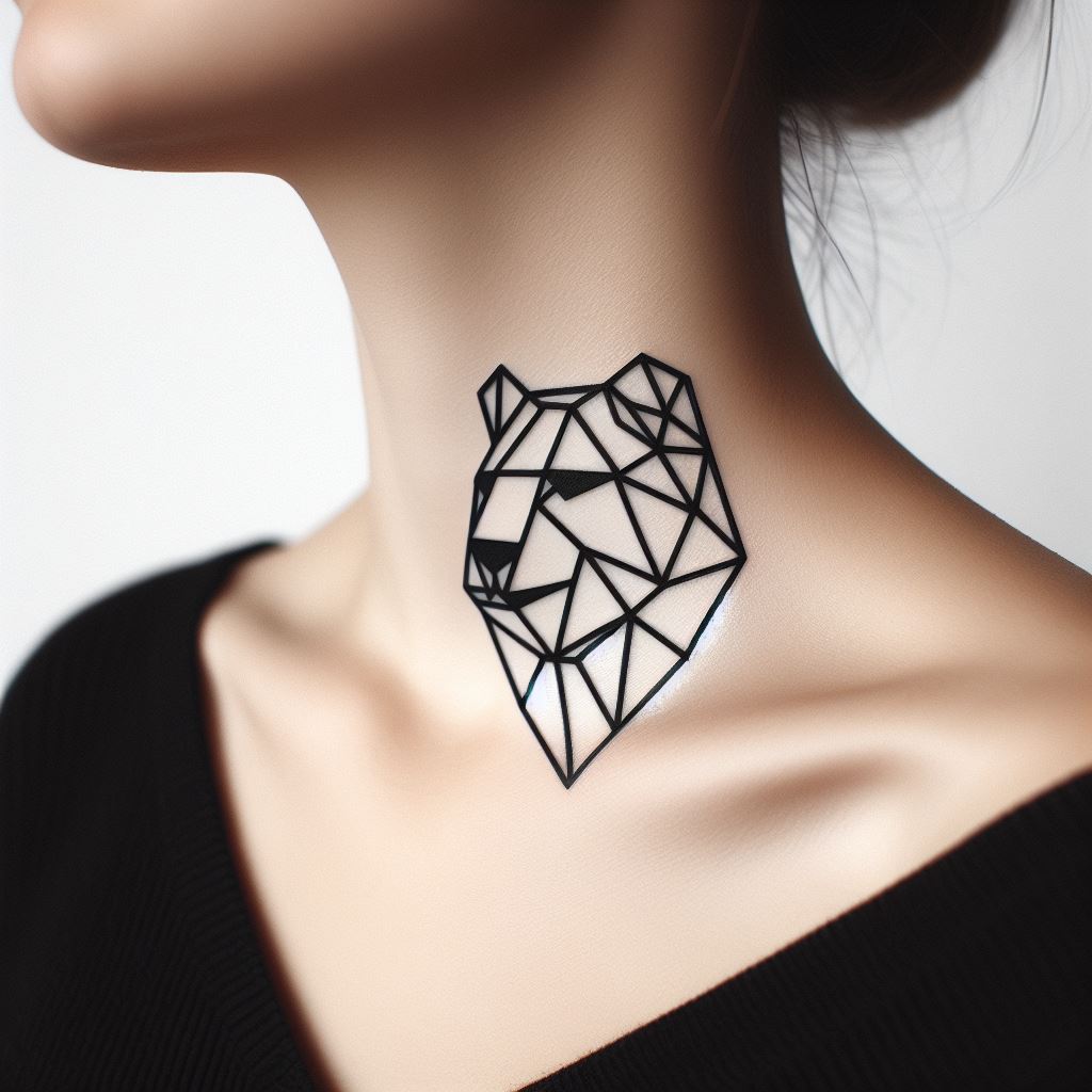 A tattoo placed at the side of the neck, depicting a minimalist geometric bear head. The design uses clean, sharp lines to form the abstract silhouette of a bear, symbolizing strength in simplicity. This tattoo is both bold and discreet, making a statement without overwhelming, perfectly suited for the neck.