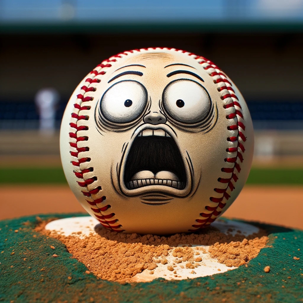 A baseball on a pitcher's mound with a face drawn on it, looking surprised, with the caption "When you realize you're the next pitch." The image should be realistic, capturing the texture of the baseball and the dirt of the mound, with the drawn face having exaggerated cartoonish expressions of shock and surprise. The scene is set on a sunny day, with clear blue skies and the baseball field visible in the background.