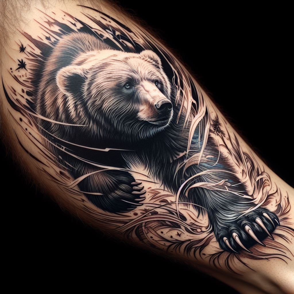 A tattoo that wraps around the leg, featuring a bear hunting in the wild. The design captures the bear in mid-motion, with dynamic lines suggesting movement and the thrill of the chase. This tattoo blends elements of nature with the bear's primal instincts, creating a vivid narrative piece that celebrates the spirit of adventure.