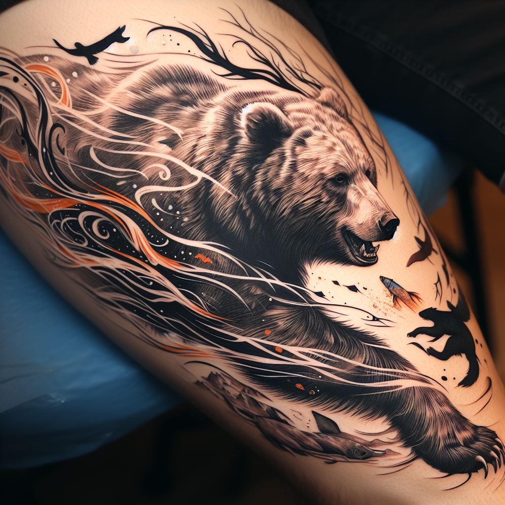 A tattoo that wraps around the leg, featuring a bear hunting in the wild. The design captures the bear in mid-motion, with dynamic lines suggesting movement and the thrill of the chase. This tattoo blends elements of nature with the bear's primal instincts, creating a vivid narrative piece that celebrates the spirit of adventure.