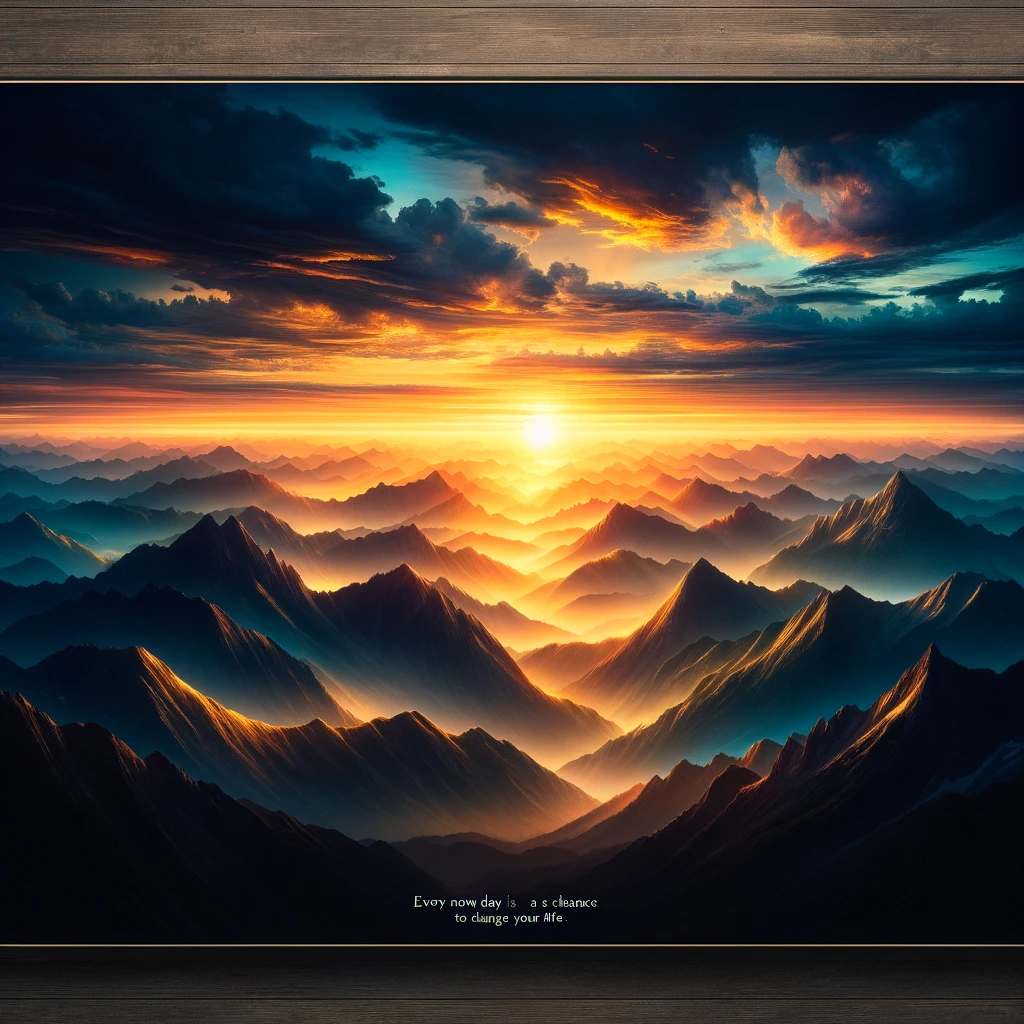 A beautiful sunrise over a mountain range, the colors of the sky transitioning from dark blue to warm orange and yellow hues, illuminating the peaks of the mountains. The scene is peaceful and awe-inspiring, capturing the natural beauty and tranquility of the early morning. A caption is prominently displayed in an elegant, easy-to-read font at the bottom of the image, stating: 'Every new day is a chance to change your life.' The image evokes a sense of hope and new beginnings.