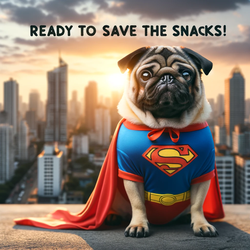 A hilarious pug in a superhero costume, looking determined, standing on a city rooftop at sunset. The caption says, 'Ready to save the snacks!'