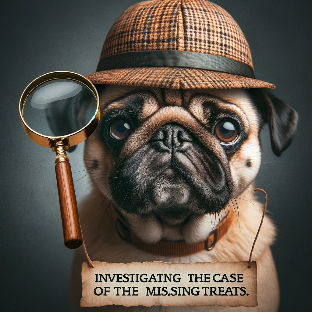 A pug wearing a detective hat, magnifying glass in paw, looking at the camera with a serious expression. The caption says, 'Investigating the case of the missing treats.'
