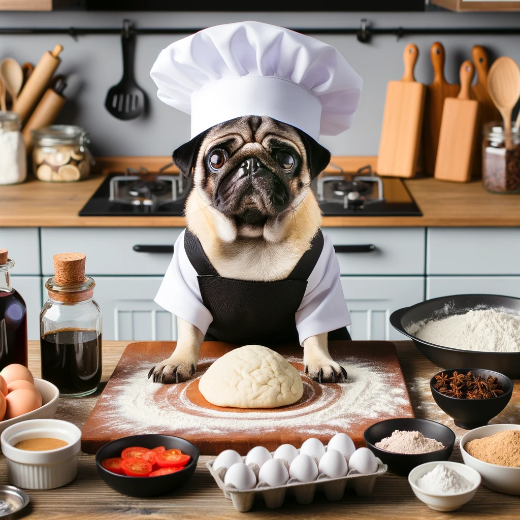 A pug dressed as a chef, standing in a kitchen, surrounded by baking ingredients. The caption says, 'MasterChef Pug Edition: Who ate all the dough?'