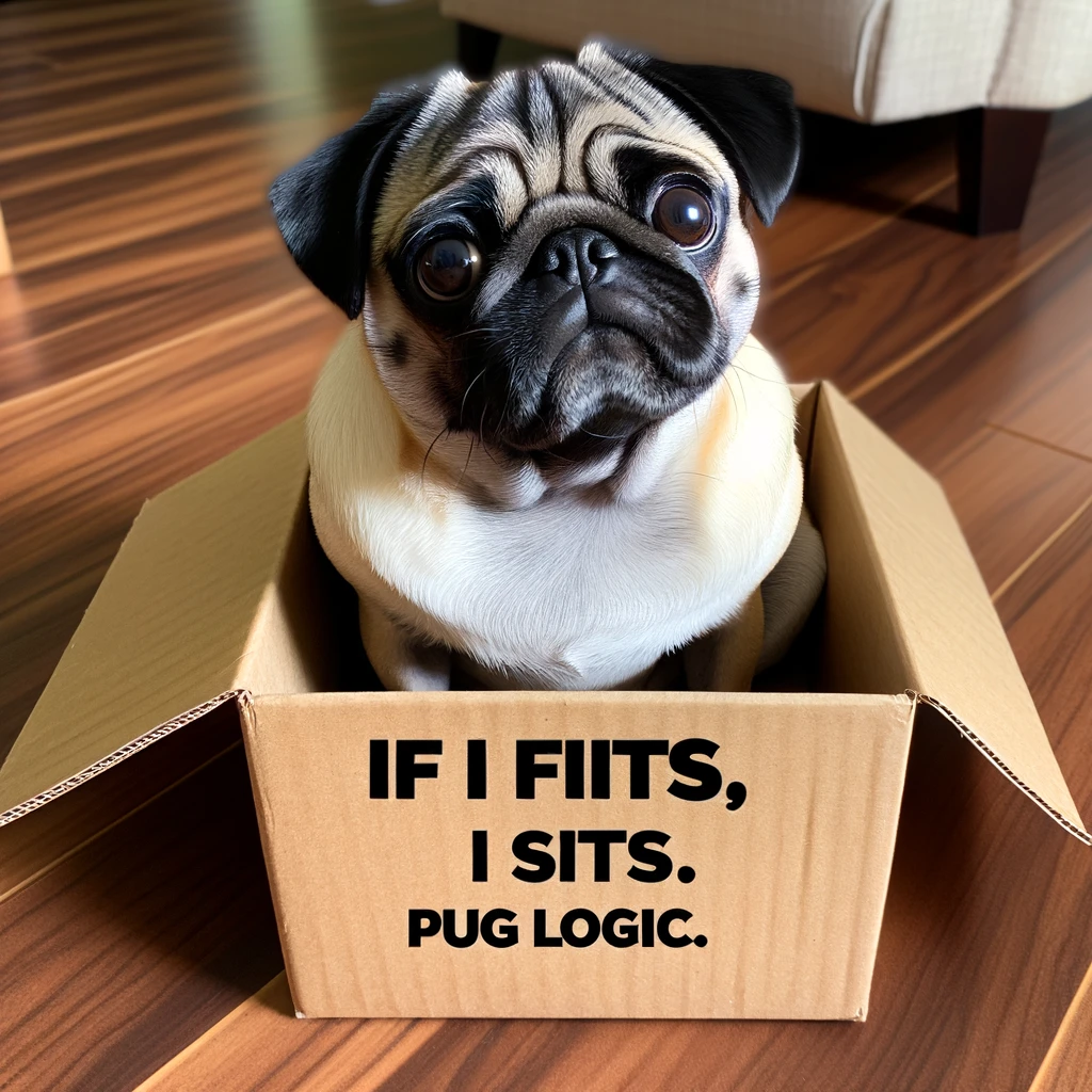 A pug sitting in a small cardboard box, looking up with big eyes. The caption says, 'If I fits, I sits. Pug logic.'