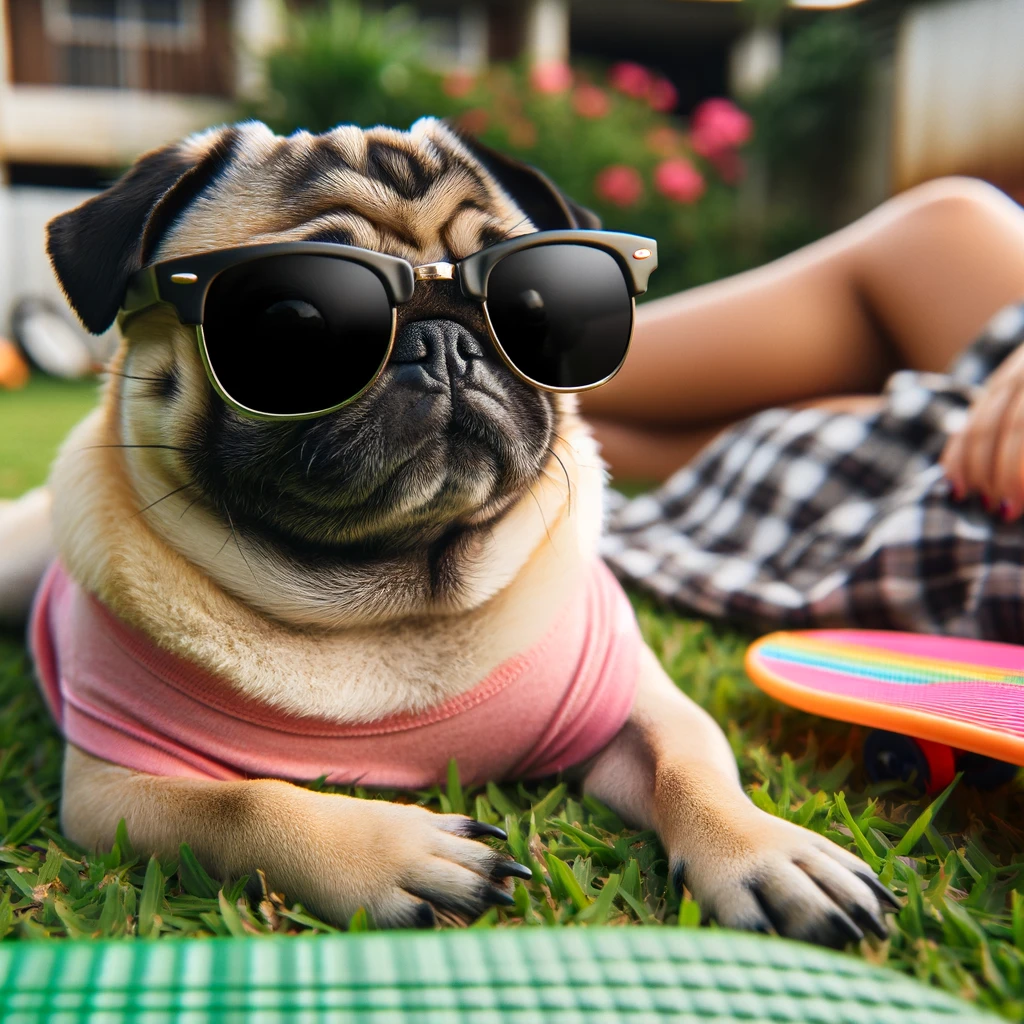 A pug lying on the grass with sunglasses on, looking very relaxed. The caption says, 'Living the pug life.'