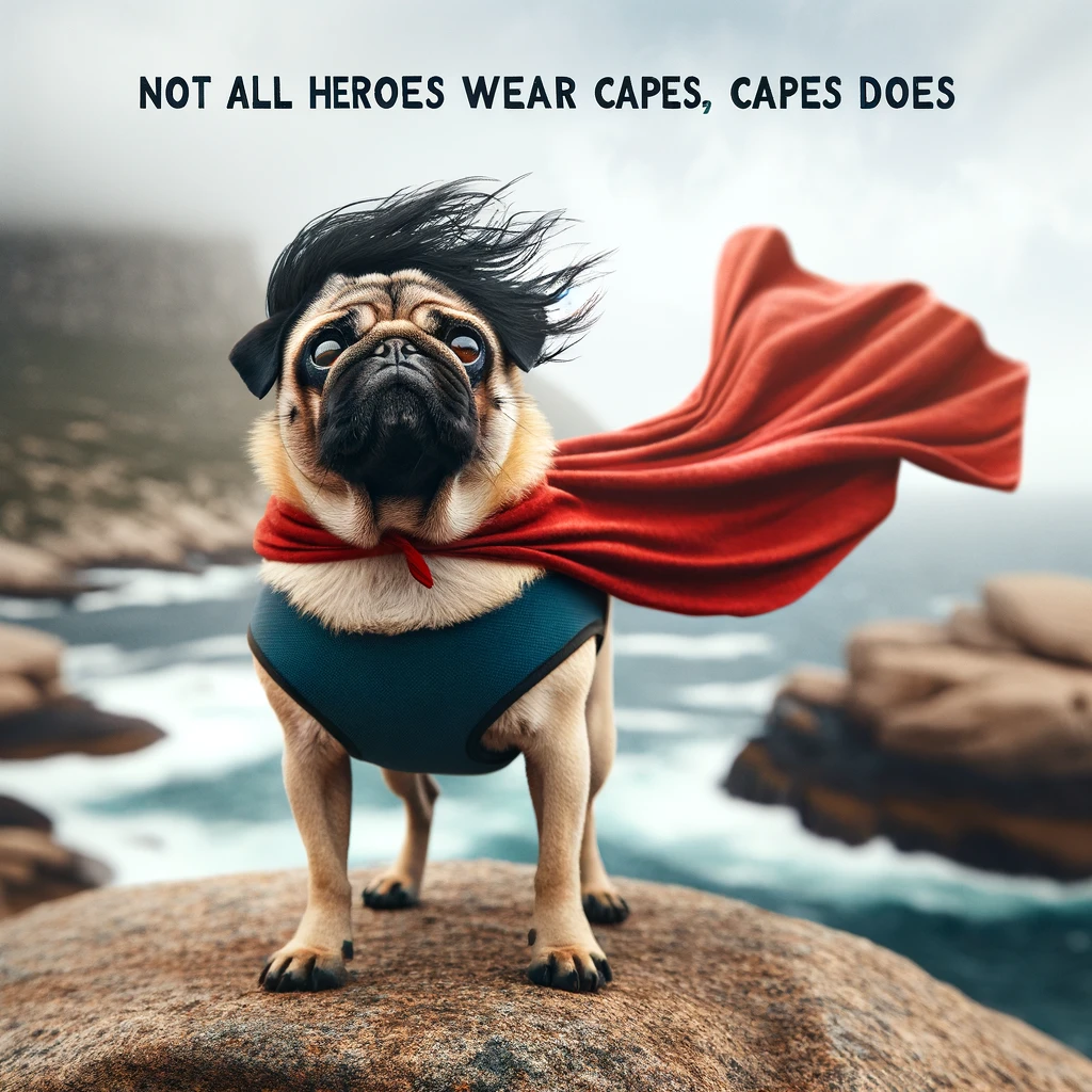 A pug with a cape, standing heroically on a rock, wind blowing. The caption says, 'Not all heroes wear capes, but this one does.'