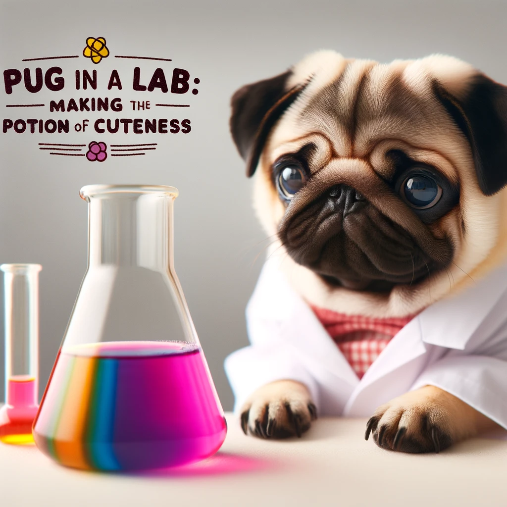 A pug in a lab coat, looking at a beaker with colorful liquid. The caption says, 'Pug in a lab: Making the potion of cuteness.'