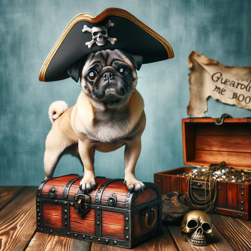 A pug wearing a pirate hat, standing on a treasure chest, with a playful look. The caption says, 'Arrr, guarding me booty.'